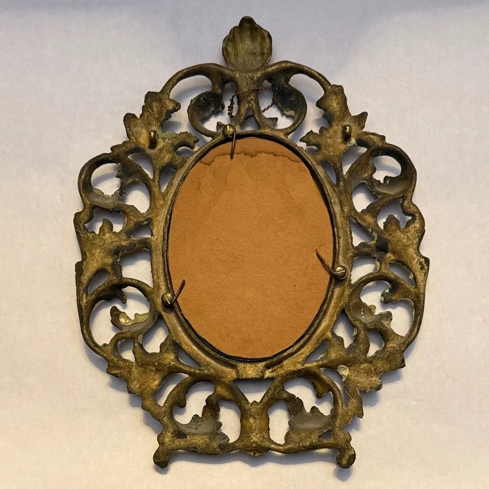 Vintage Antique Cast Iron Ornate Brass Finish Victorian Mirror / Picture Frame